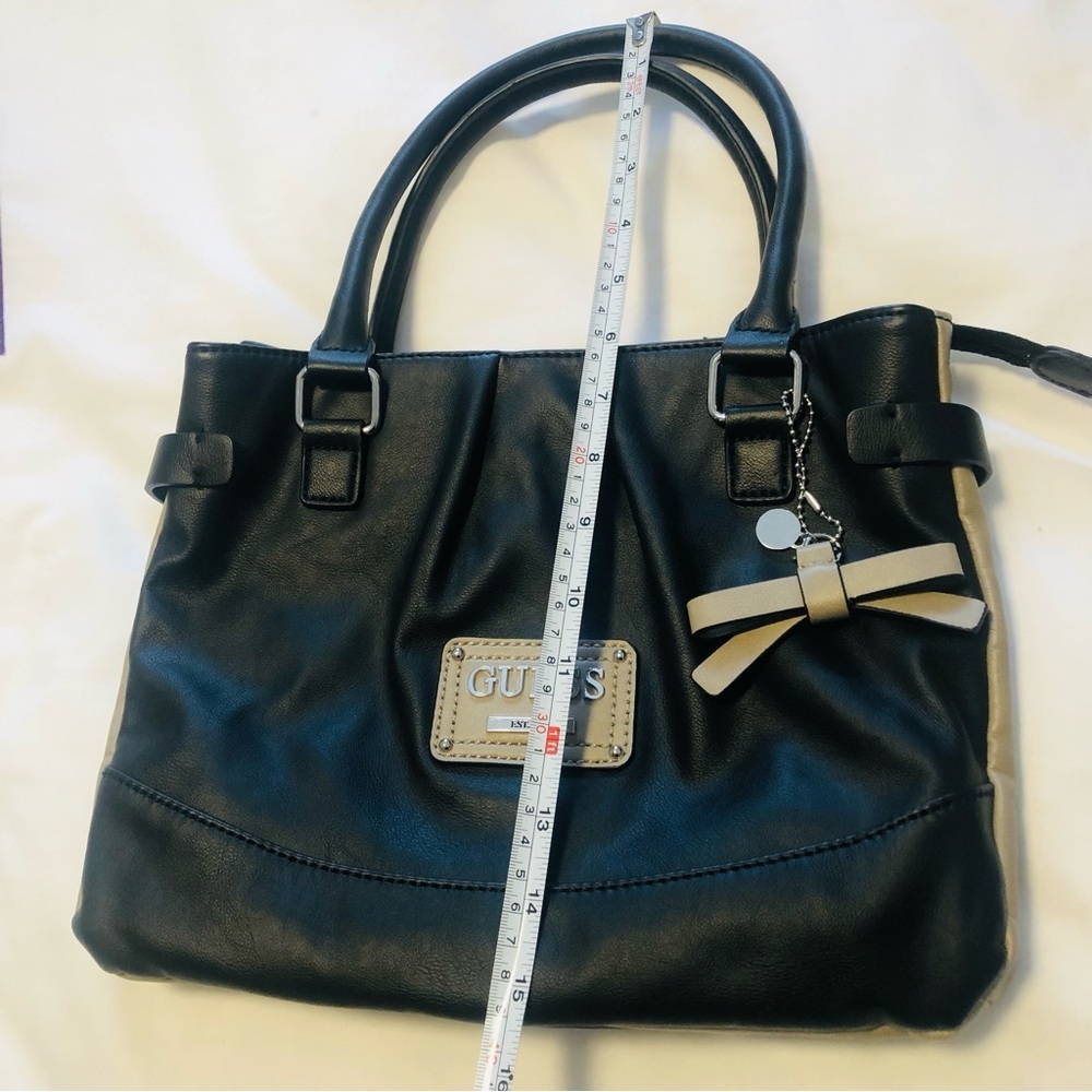 Guess Black and Tan Satchel , DividedOrganizer, Logo Tag Bow purse charm - Picture 10 of 11